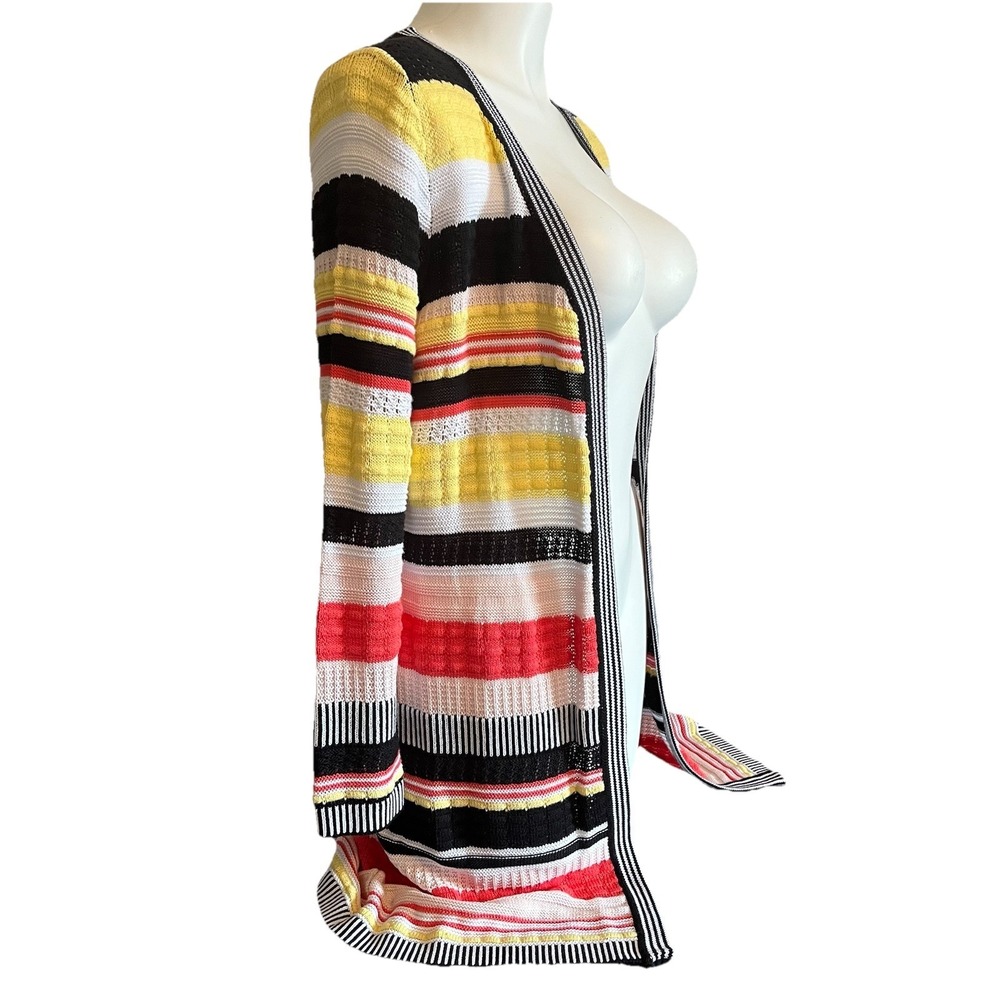 Horizontal Stripe Long Line Open Knit Cardigan Sz M/L Cotton Blend Long Sleeve